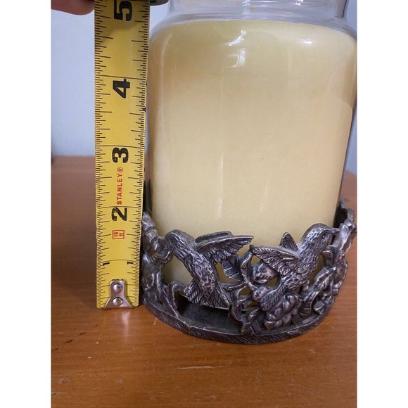 Vintage Pewter Metal Candle Jar Holder Stand Hummingbirds Hibiscus Flowers - Picture 8 of 9